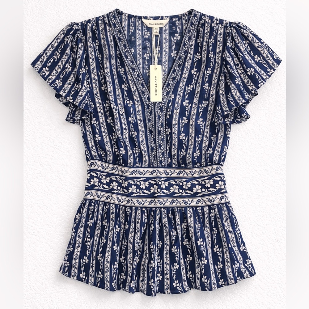 Max Studio Floral Stripe Peplum Blouse Navy White Flutter Sleeve XS NWT